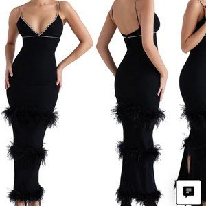 HOUSE OF CB Maricel Feather Trim Cocktail Dress Black Size Small